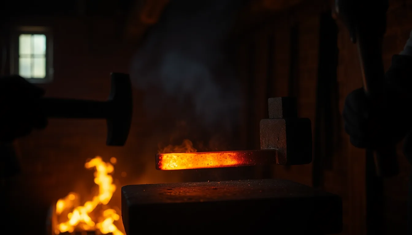 Glühendes Eisen auf dem Amboss in der Schmiede